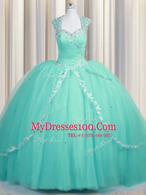 Hot Sale Aqua Blue Zipper Quinceanera Dresses Beading and Appliques Cap Sleeves Brush Train