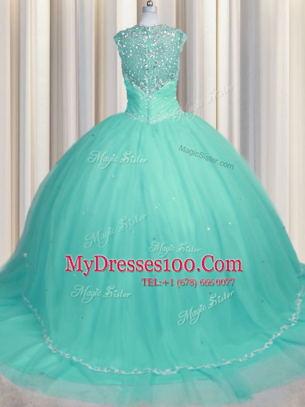 Hot Sale Aqua Blue Zipper Quinceanera Dresses Beading and Appliques Cap Sleeves Brush Train