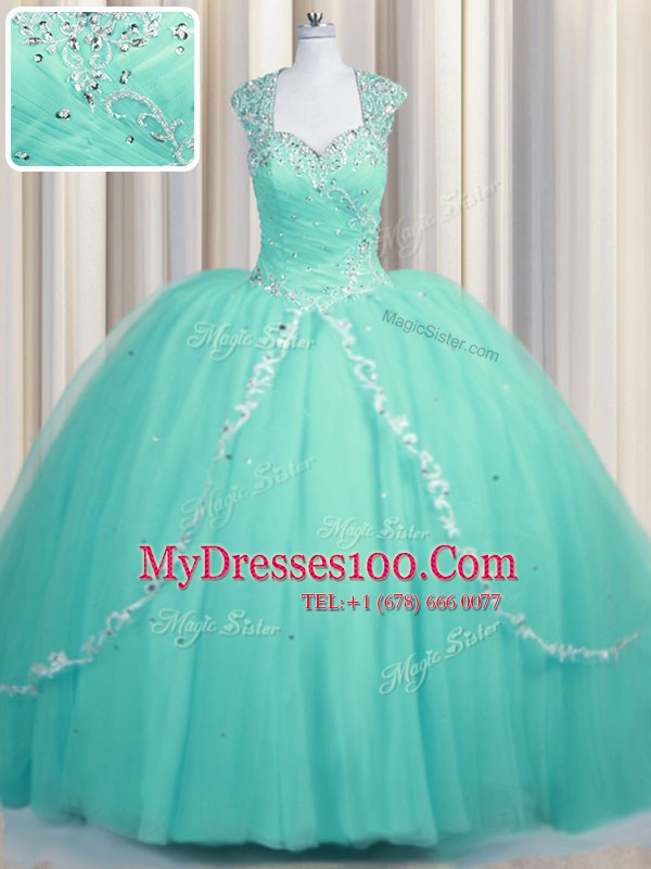 Hot Sale Aqua Blue Zipper Quinceanera Dresses Beading and Appliques Cap Sleeves Brush Train