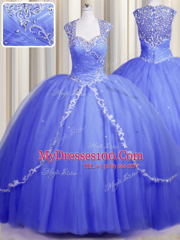 Clearance Zipper Up Tulle Sweetheart Cap Sleeves Brush Train Zipper Beading and Appliques Quinceanera Gown in Blue