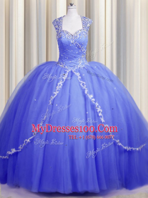 Clearance Zipper Up Tulle Sweetheart Cap Sleeves Brush Train Zipper Beading and Appliques Quinceanera Gown in Blue