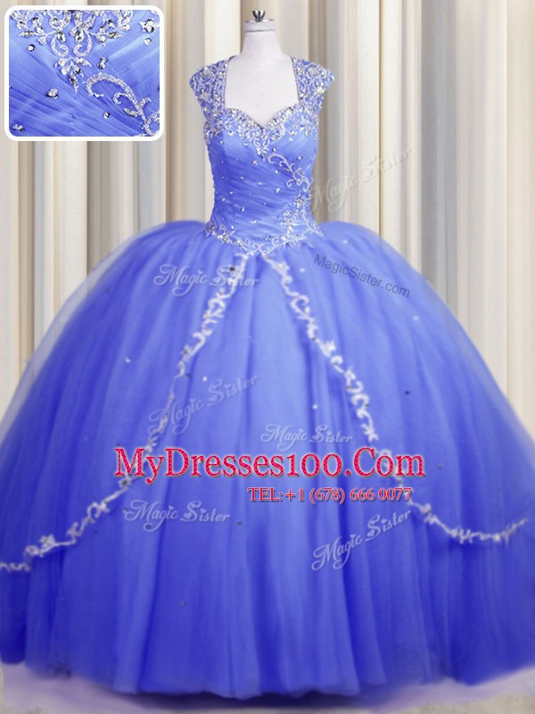 Clearance Zipper Up Tulle Sweetheart Cap Sleeves Brush Train Zipper Beading and Appliques Quinceanera Gown in Blue