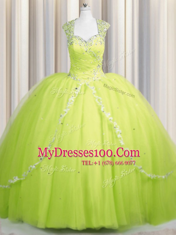 Zipper Up Tulle Sweetheart Cap Sleeves Brush Train Zipper Beading and Appliques Quinceanera Gowns in Yellow Green