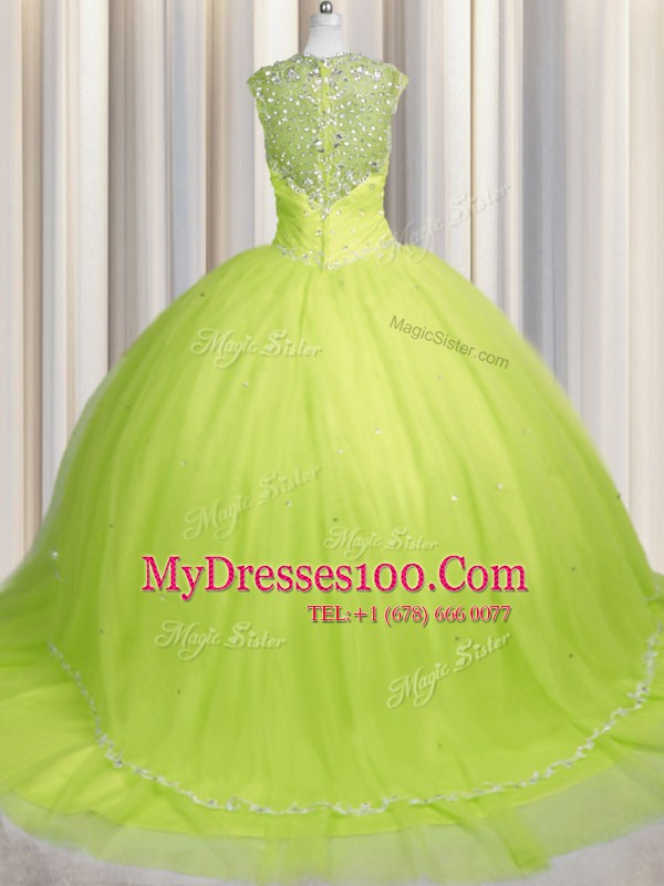 Zipper Up Tulle Sweetheart Cap Sleeves Brush Train Zipper Beading and Appliques Quinceanera Gowns in Yellow Green
