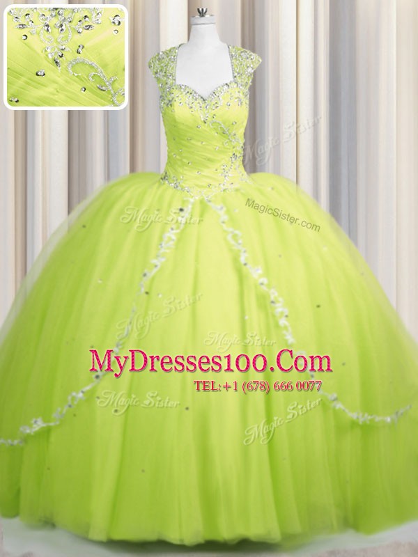 Zipper Up Tulle Sweetheart Cap Sleeves Brush Train Zipper Beading and Appliques Quinceanera Gowns in Yellow Green