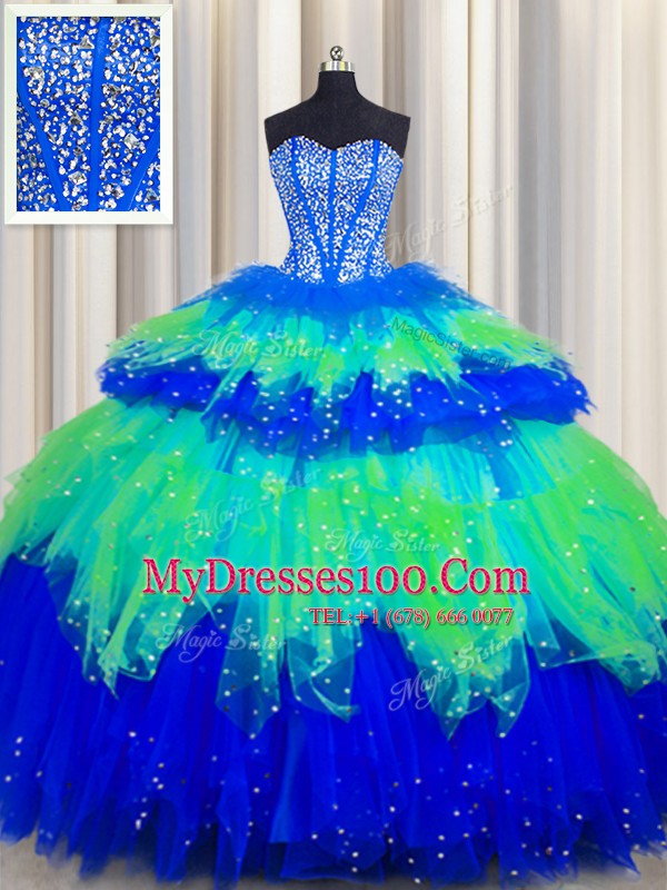 Clearance Bling-bling Visible Boning Multi-color Tulle Lace Up Sweetheart Sleeveless Floor Length Quinceanera Dress Beading and Ruffles and Ruffled Layers and Sequins