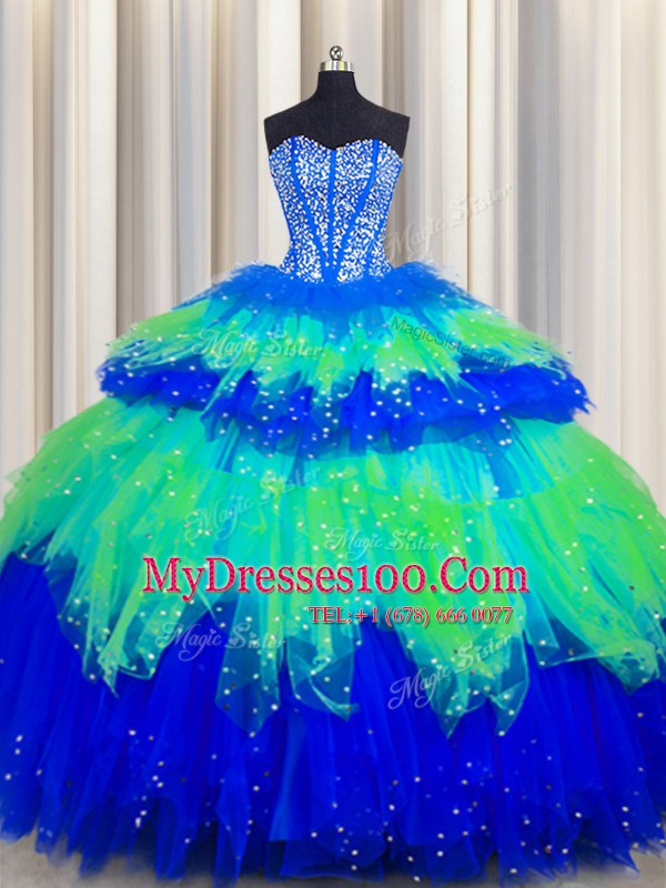 Clearance Bling-bling Visible Boning Multi-color Tulle Lace Up Sweetheart Sleeveless Floor Length Quinceanera Dress Beading and Ruffles and Ruffled Layers and Sequins