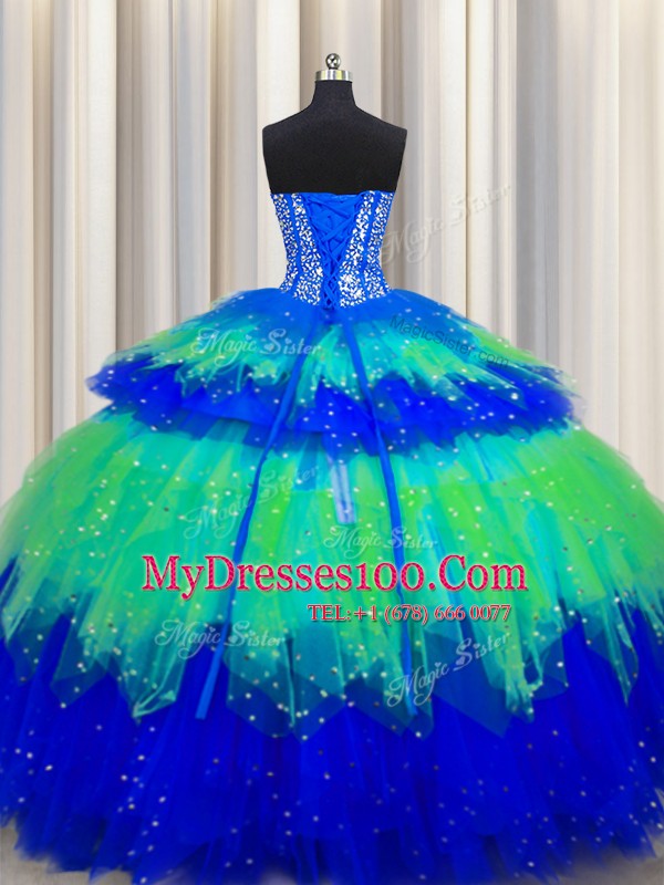 Clearance Bling-bling Visible Boning Multi-color Tulle Lace Up Sweetheart Sleeveless Floor Length Quinceanera Dress Beading and Ruffles and Ruffled Layers and Sequins