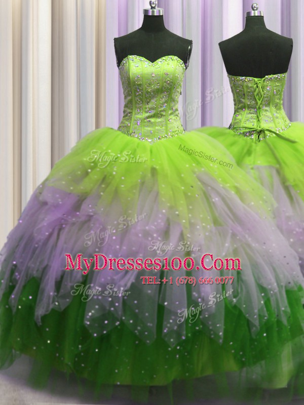 Modest Visible Boning Multi-color Quinceanera Dress Military Ball and Sweet 16 and Quinceanera and For with Beading and Ruffles and Sequins Sweetheart Sleeveless Lace Up