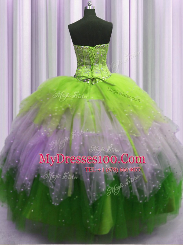 Modest Visible Boning Multi-color Quinceanera Dress Military Ball and Sweet 16 and Quinceanera and For with Beading and Ruffles and Sequins Sweetheart Sleeveless Lace Up