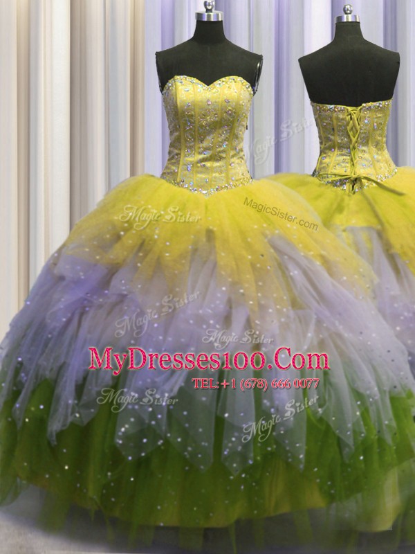 Suitable Visible Boning Sleeveless Tulle Floor Length Lace Up Ball Gown Prom Dress in Multi-color with Beading and Ruffles and Sequins
