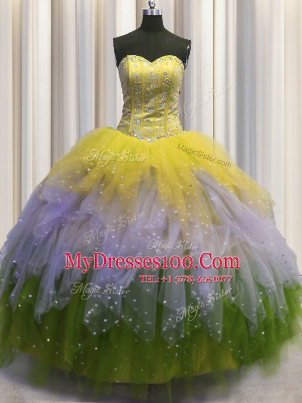 Suitable Visible Boning Sleeveless Tulle Floor Length Lace Up Ball Gown Prom Dress in Multi-color with Beading and Ruffles and Sequins