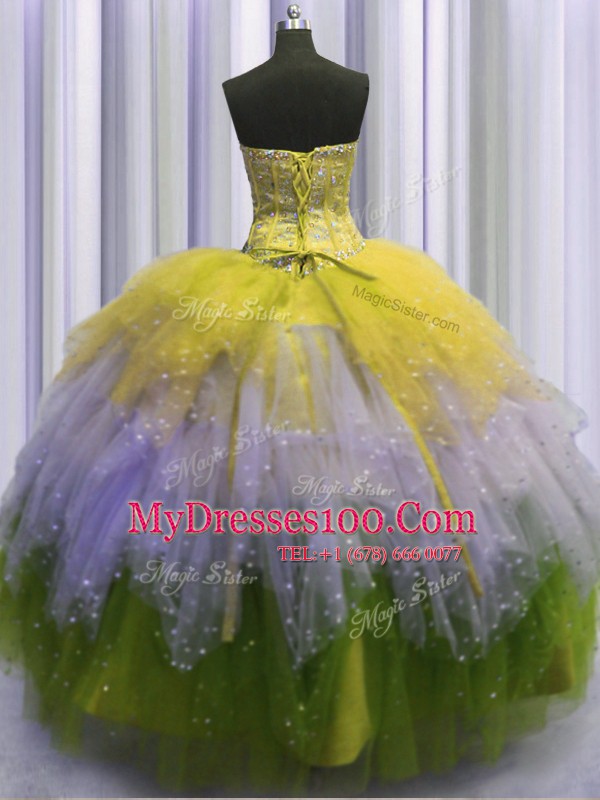 Suitable Visible Boning Sleeveless Tulle Floor Length Lace Up Ball Gown Prom Dress in Multi-color with Beading and Ruffles and Sequins