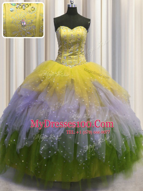 Suitable Visible Boning Sleeveless Tulle Floor Length Lace Up Ball Gown Prom Dress in Multi-color with Beading and Ruffles and Sequins