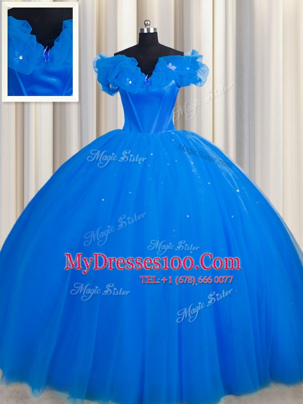 With Train Royal Blue Vestidos de Quinceanera Off The Shoulder Short Sleeves Court Train Lace Up