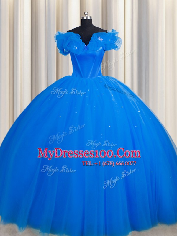 With Train Royal Blue Vestidos de Quinceanera Off The Shoulder Short Sleeves Court Train Lace Up
