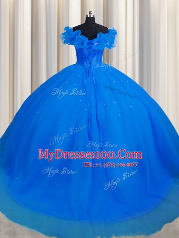 With Train Royal Blue Vestidos de Quinceanera Off The Shoulder Short Sleeves Court Train Lace Up