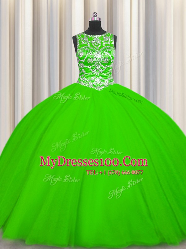 Super Ball Gowns Tulle Scoop Sleeveless Beading Floor Length Lace Up Vestidos de Quinceanera