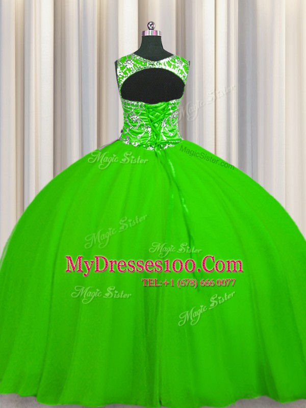 Super Ball Gowns Tulle Scoop Sleeveless Beading Floor Length Lace Up Vestidos de Quinceanera