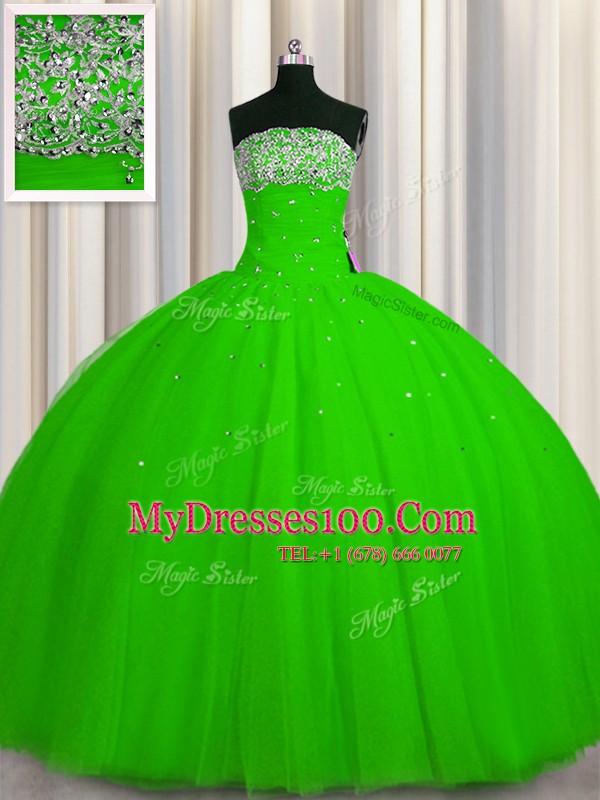 Big Puffy Strapless Sleeveless Tulle Quinceanera Dress Beading and Sequins Lace Up