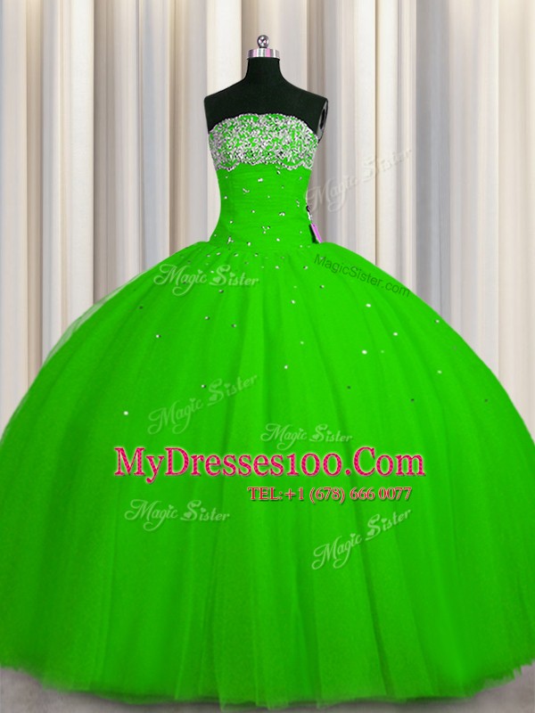 Big Puffy Strapless Sleeveless Tulle Quinceanera Dress Beading and Sequins Lace Up