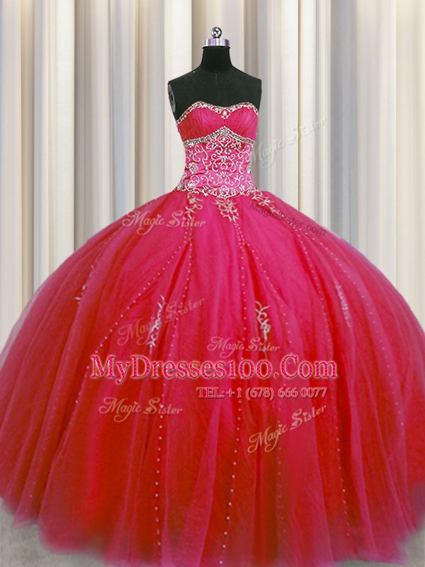 Adorable Big Puffy Sleeveless Floor Length Beading and Appliques Lace Up Quinceanera Dresses with Red
