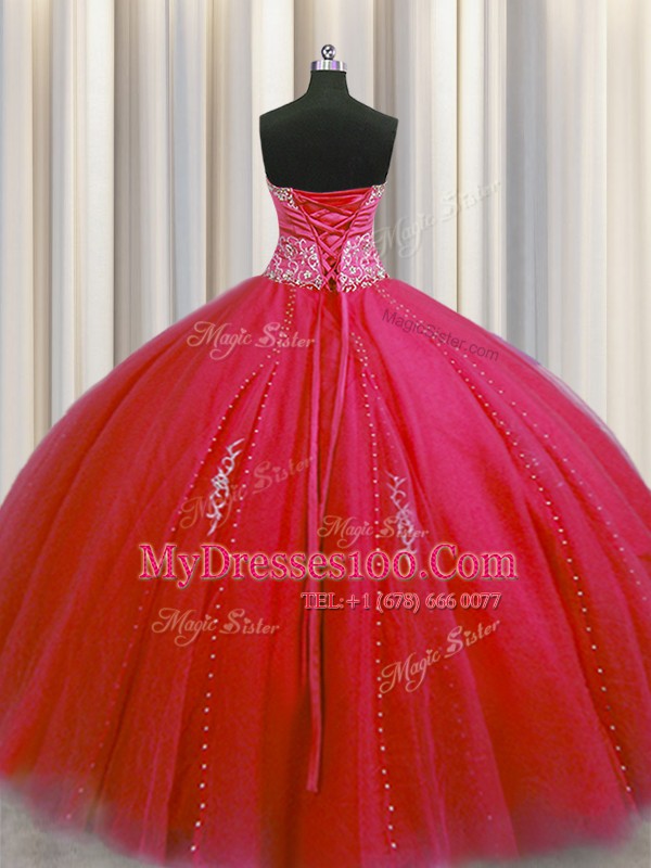Adorable Big Puffy Sleeveless Floor Length Beading and Appliques Lace Up Quinceanera Dresses with Red