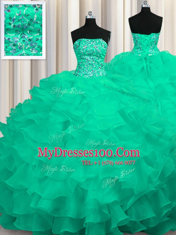 Strapless Sleeveless Organza Vestidos de Quinceanera Beading and Ruffles Sweep Train Lace Up