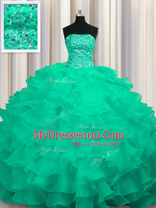 Strapless Sleeveless Organza Vestidos de Quinceanera Beading and Ruffles Sweep Train Lace Up