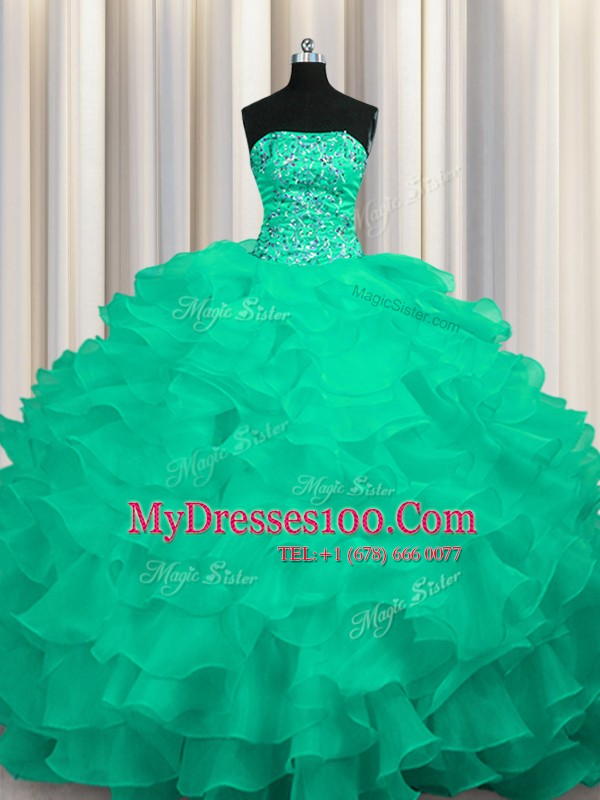 Strapless Sleeveless Organza Vestidos de Quinceanera Beading and Ruffles Sweep Train Lace Up