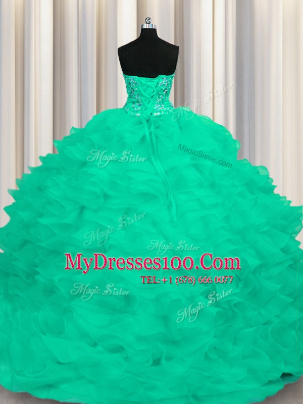 Strapless Sleeveless Organza Vestidos de Quinceanera Beading and Ruffles Sweep Train Lace Up
