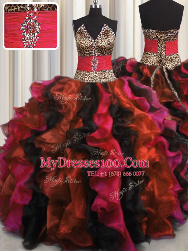 Best Selling Leopard Multi-color Lace Up V-neck Beading and Ruffles Quinceanera Gown Organza Sleeveless