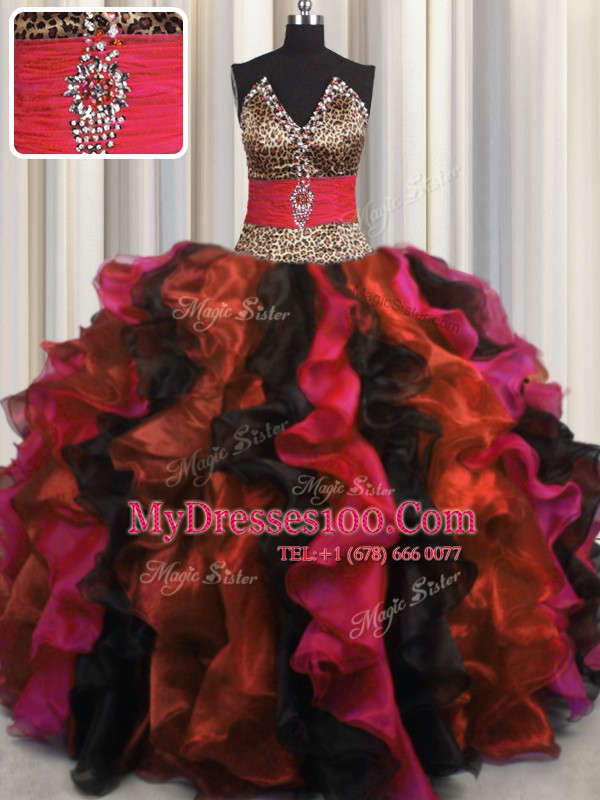 Best Selling Leopard Multi-color Lace Up V-neck Beading and Ruffles Quinceanera Gown Organza Sleeveless