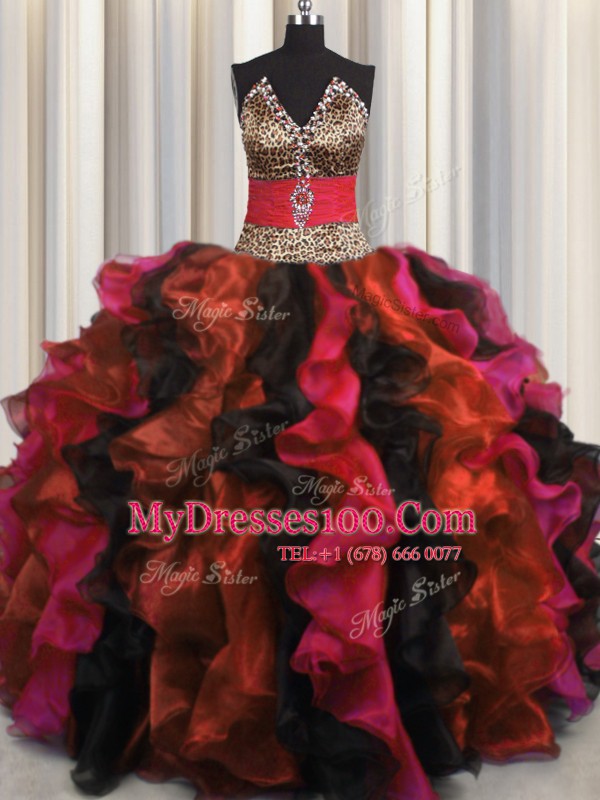 Best Selling Leopard Multi-color Lace Up V-neck Beading and Ruffles Quinceanera Gown Organza Sleeveless
