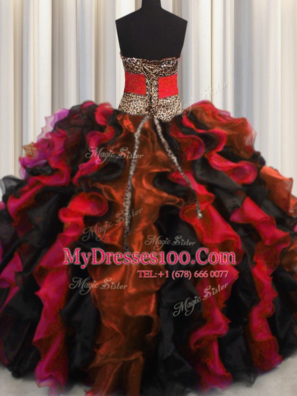 Best Selling Leopard Multi-color Lace Up V-neck Beading and Ruffles Quinceanera Gown Organza Sleeveless