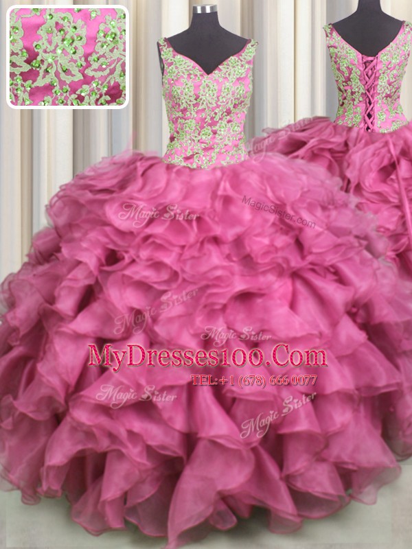 Captivating V Neck Floor Length Rose Pink Ball Gown Prom Dress Organza Sleeveless Beading and Ruffles