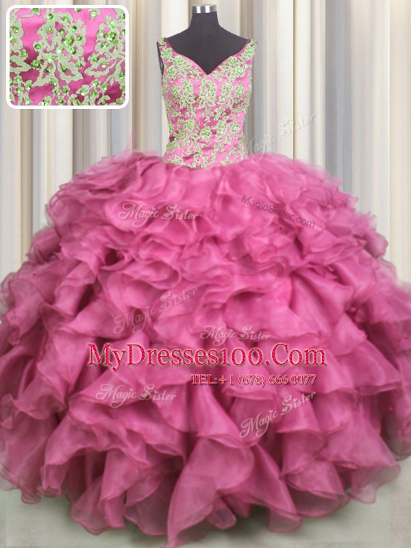 Captivating V Neck Floor Length Rose Pink Ball Gown Prom Dress Organza Sleeveless Beading and Ruffles