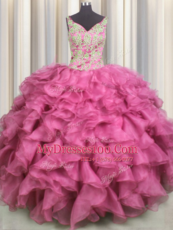 Captivating V Neck Floor Length Rose Pink Ball Gown Prom Dress Organza Sleeveless Beading and Ruffles