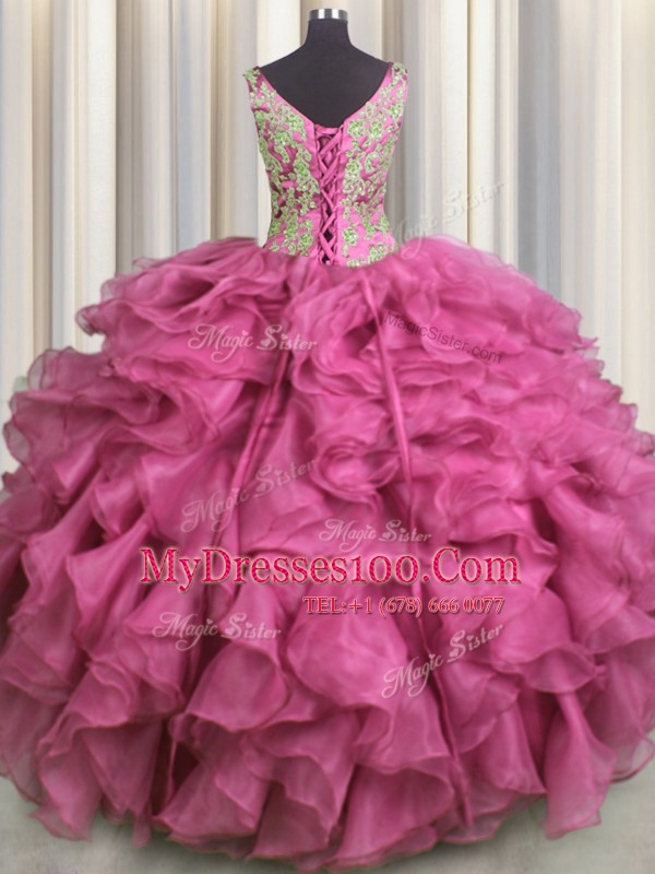 Captivating V Neck Floor Length Rose Pink Ball Gown Prom Dress Organza Sleeveless Beading and Ruffles