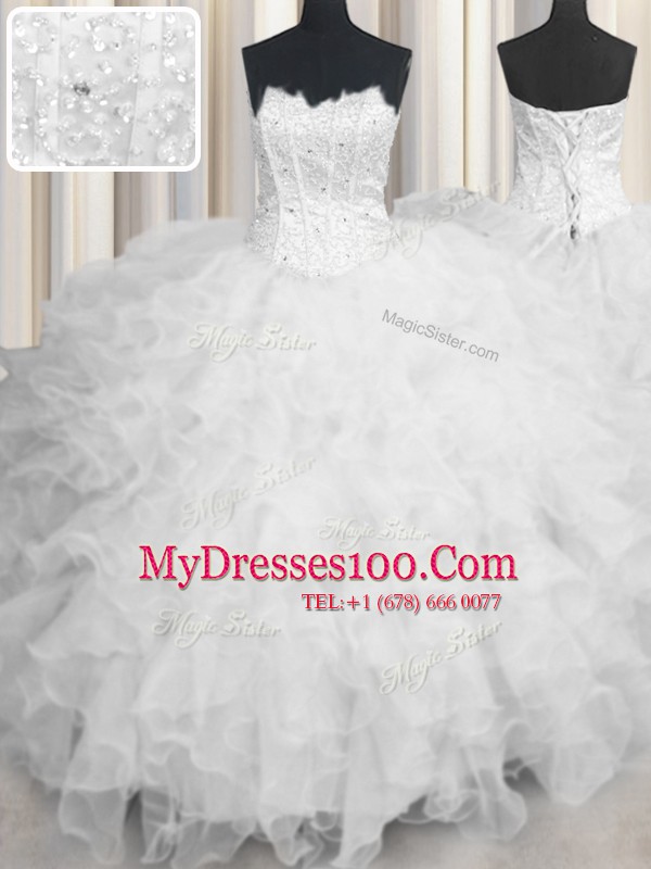 Scalloped White Sleeveless Beading and Ruffles Floor Length Sweet 16 Dress