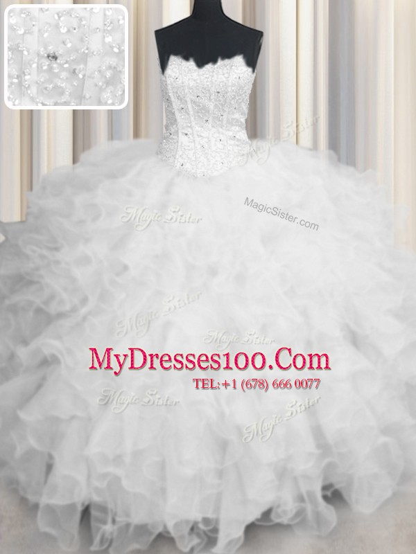Scalloped White Sleeveless Beading and Ruffles Floor Length Sweet 16 Dress