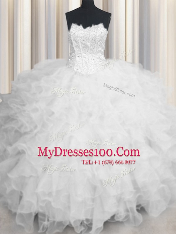 Scalloped White Sleeveless Beading and Ruffles Floor Length Sweet 16 Dress