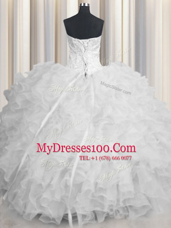 Scalloped White Sleeveless Beading and Ruffles Floor Length Sweet 16 Dress