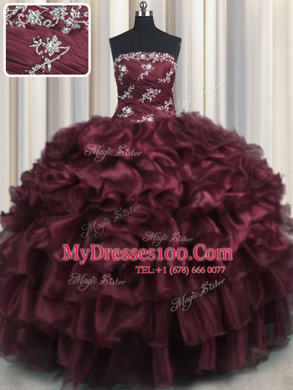 High Quality Wine Red Strapless Neckline Appliques and Ruffles and Ruffled Layers Quince Ball Gowns Sleeveless Lace Up