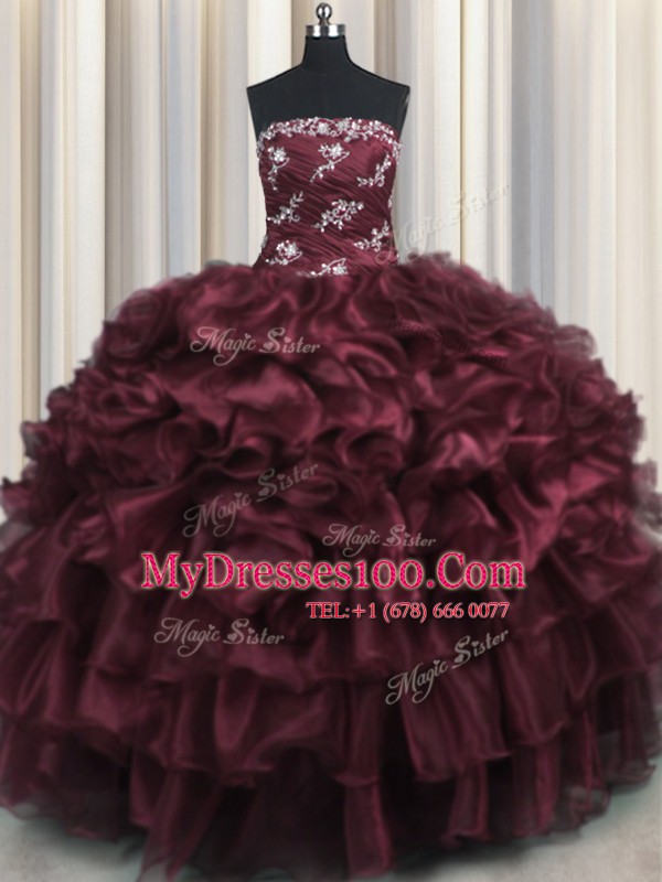 High Quality Wine Red Strapless Neckline Appliques and Ruffles and Ruffled Layers Quince Ball Gowns Sleeveless Lace Up