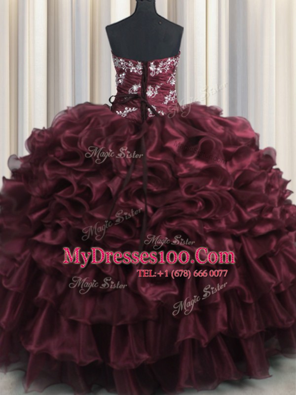 High Quality Wine Red Strapless Neckline Appliques and Ruffles and Ruffled Layers Quince Ball Gowns Sleeveless Lace Up