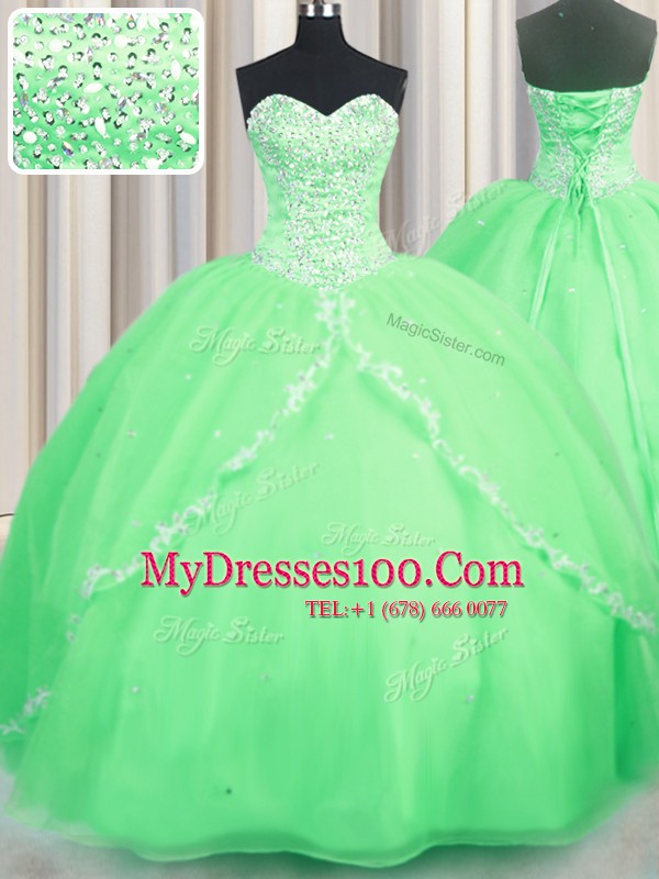 Designer Lace Up Sweetheart Beading and Appliques 15th Birthday Dress Organza Sleeveless Brush Train