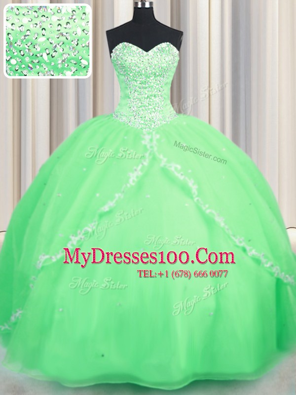 Designer Lace Up Sweetheart Beading and Appliques 15th Birthday Dress Organza Sleeveless Brush Train
