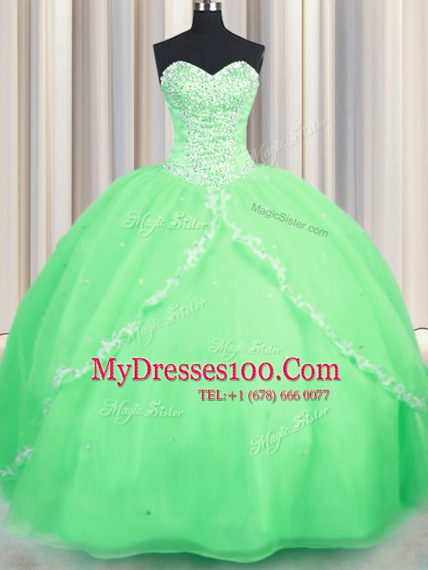 Designer Lace Up Sweetheart Beading and Appliques 15th Birthday Dress Organza Sleeveless Brush Train