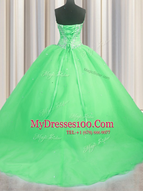 Designer Lace Up Sweetheart Beading and Appliques 15th Birthday Dress Organza Sleeveless Brush Train